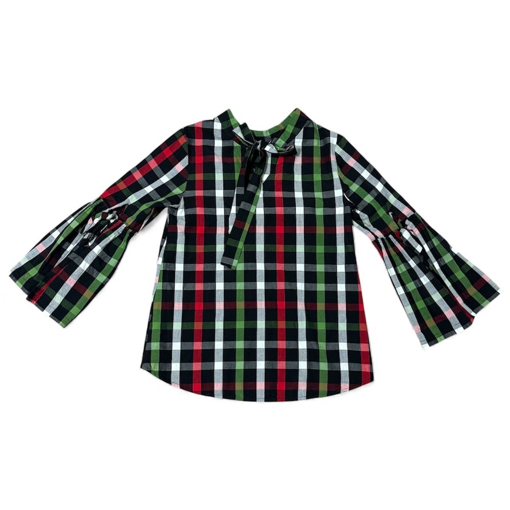 Crown &‎ Ivy Plaid Womens Size-XS Bell Sleeve Tie Neck Keyhole Blouse Top Cotton